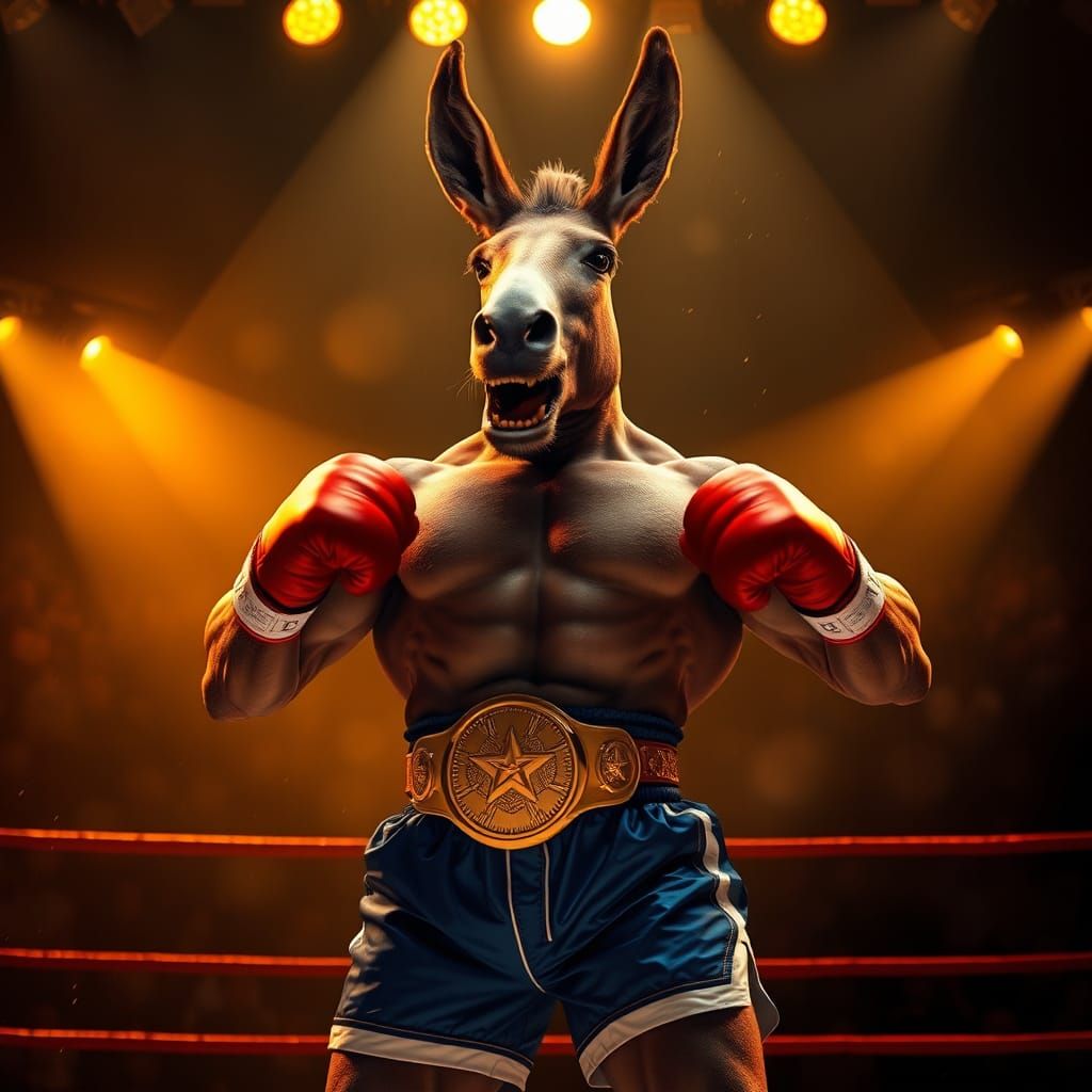 Triumphant Donkey Boxer in Hyperrealistic Style