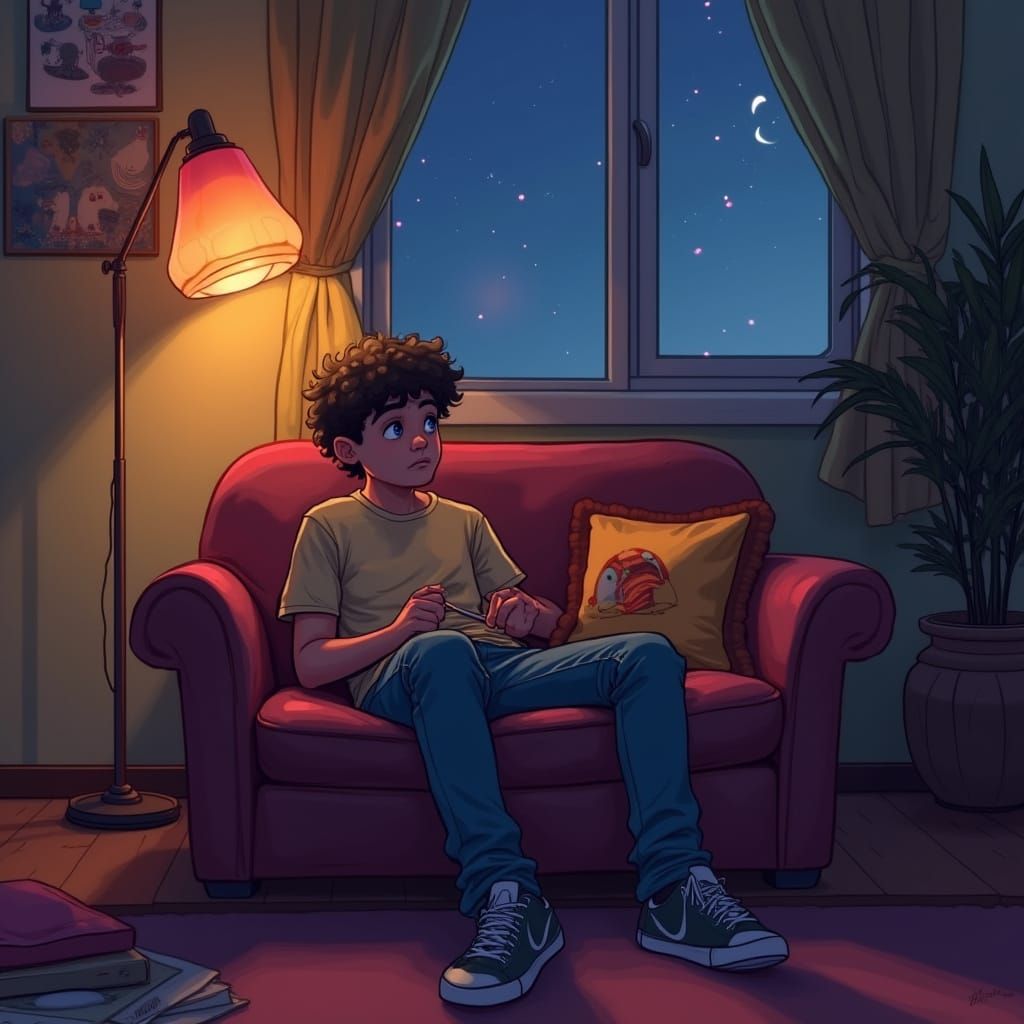 Teenager Relaxing on Sofa Watching TV in Digital Style