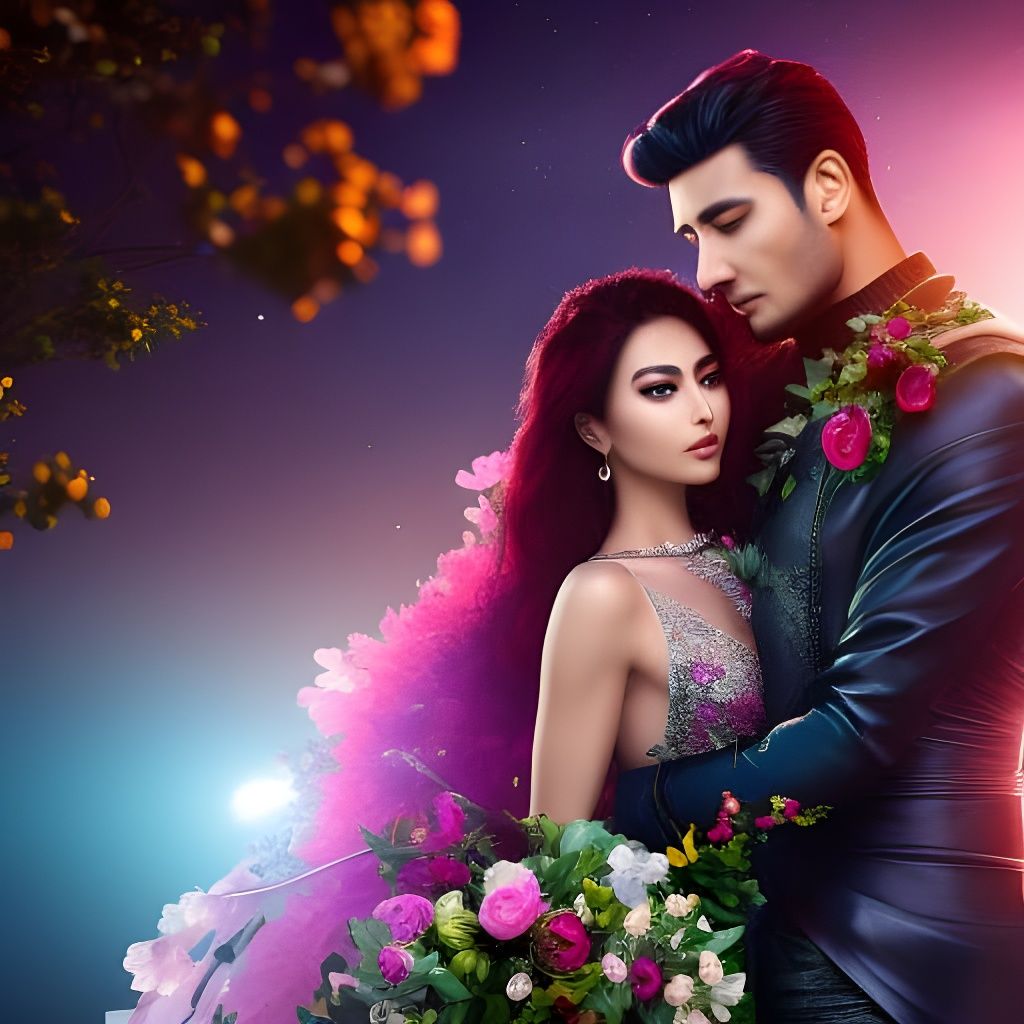 Lovers' Embrace in a Futuristic Celestial Garden