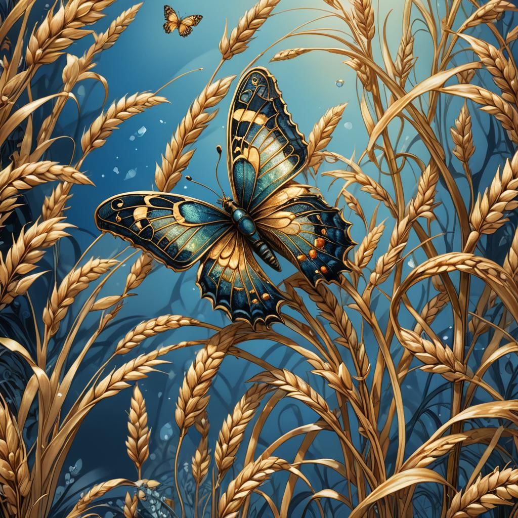Golden Wheat Ear with Butterfly, Art Nouveau Style