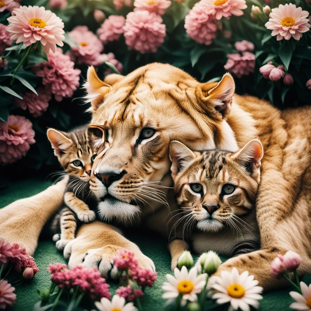 Lioness Cuddling Kitten in Floral Meadow