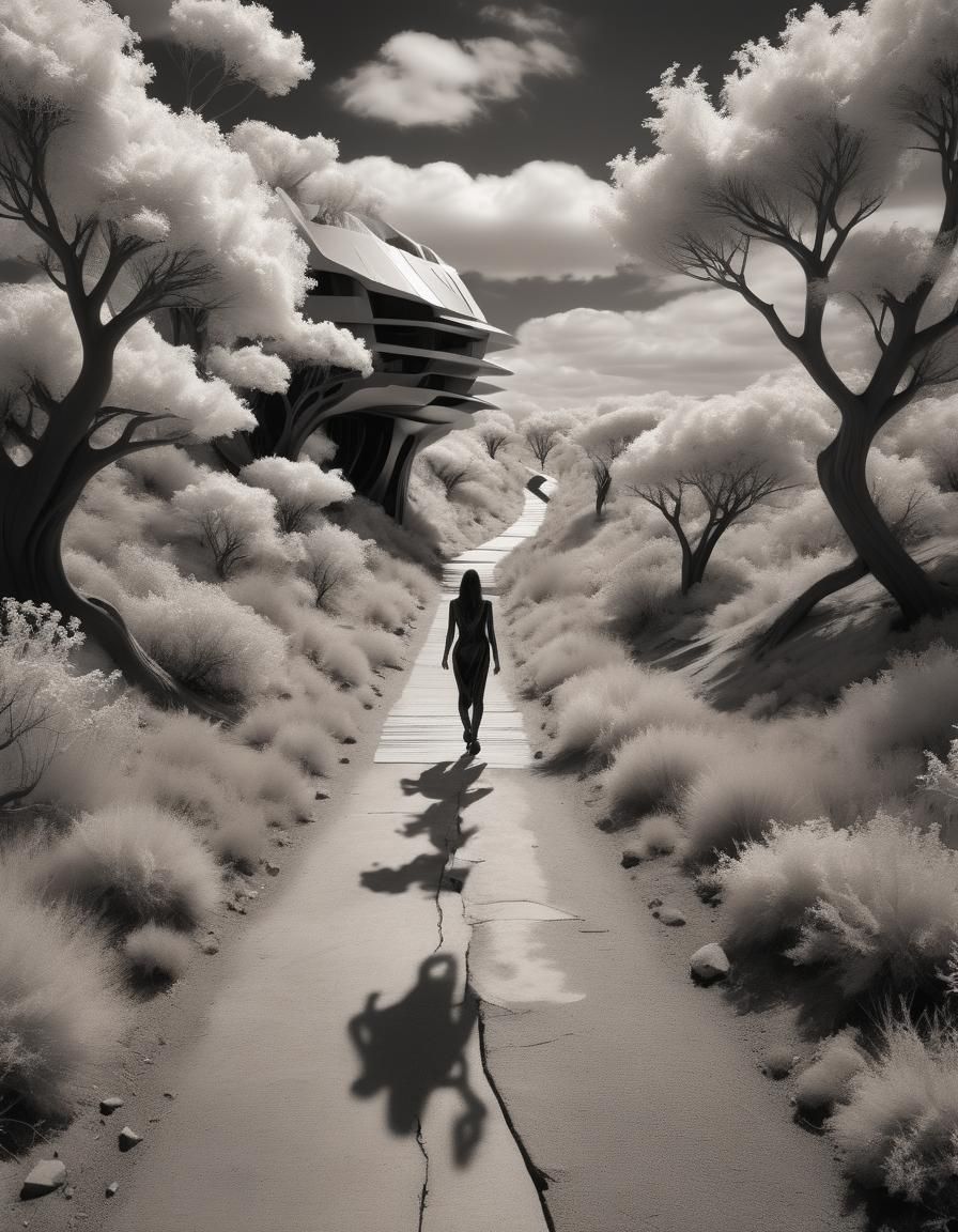 Monochrome Figure Walking into Natural Landscape