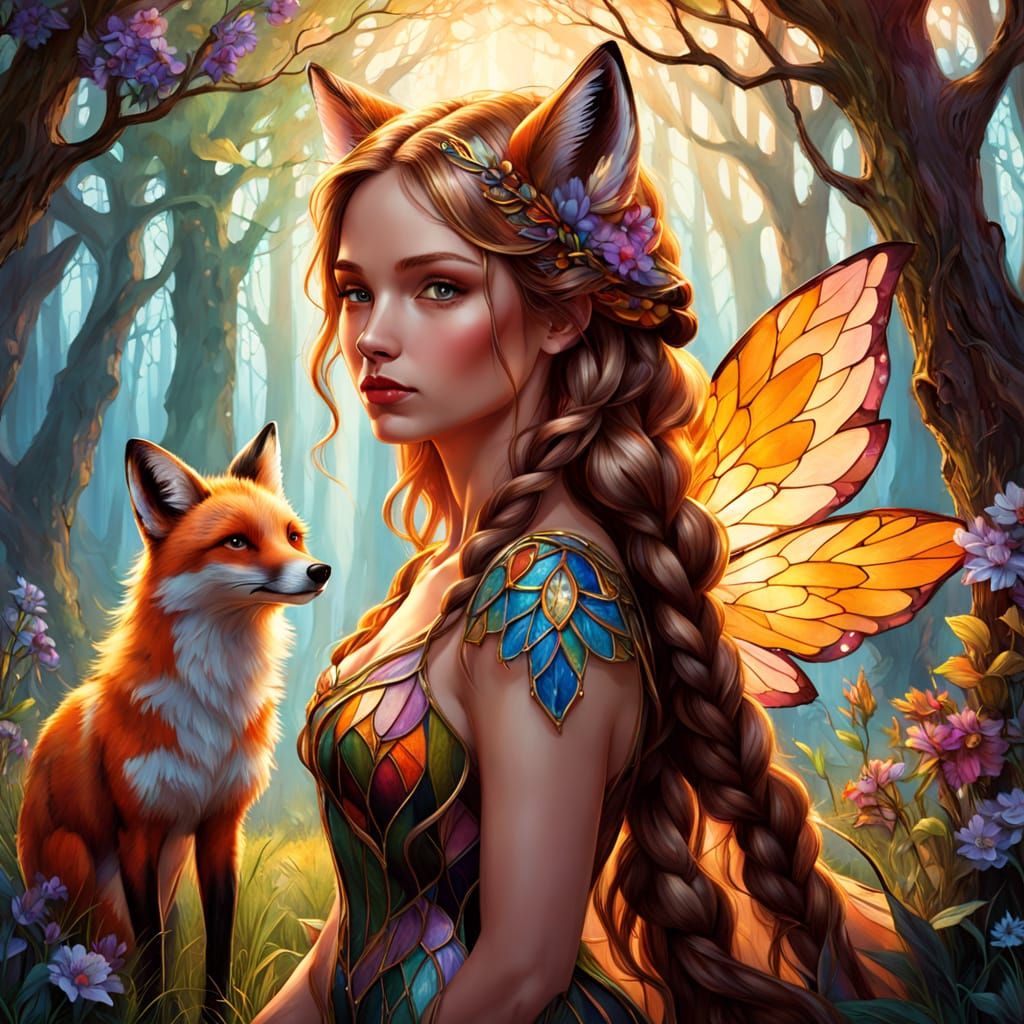 Woman and Fox Fairy in Sunlit Glade