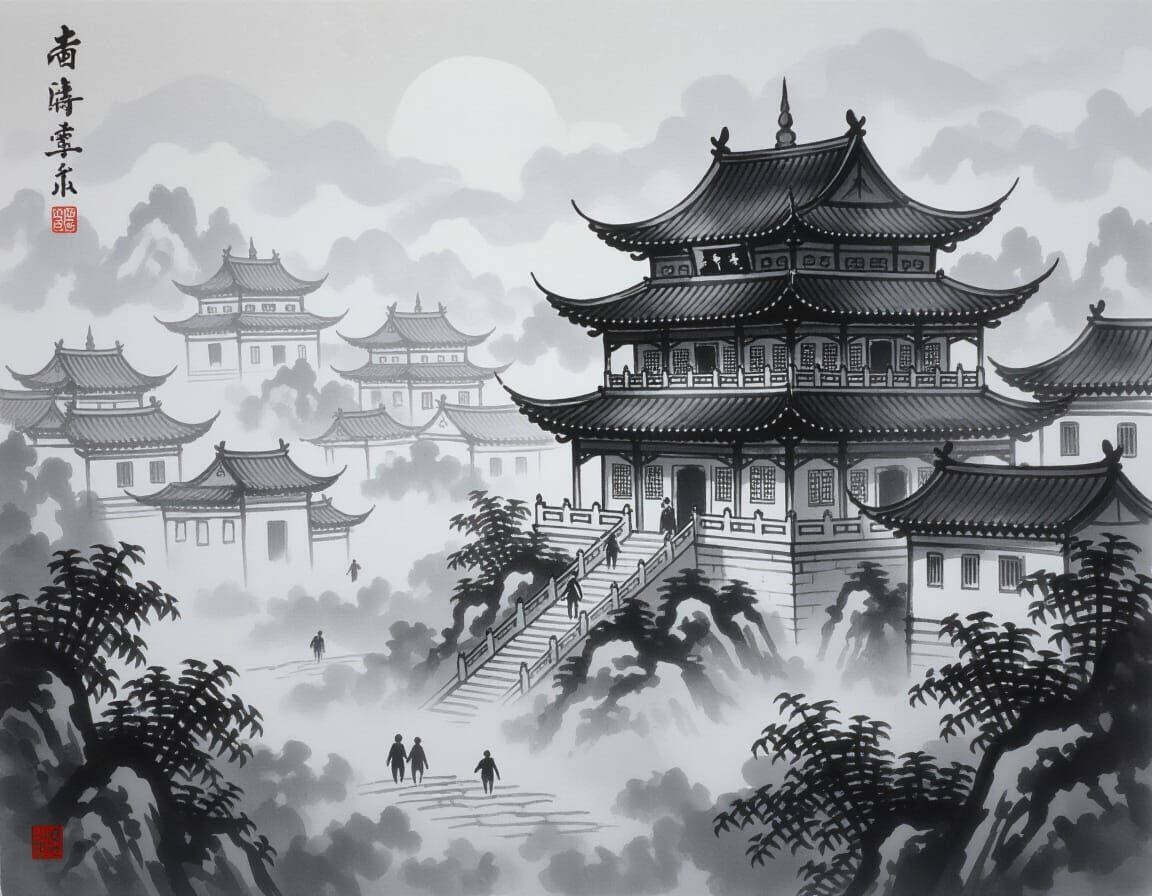 Xiantong Temple in Foggy Landscape - Chinese Ink Painting