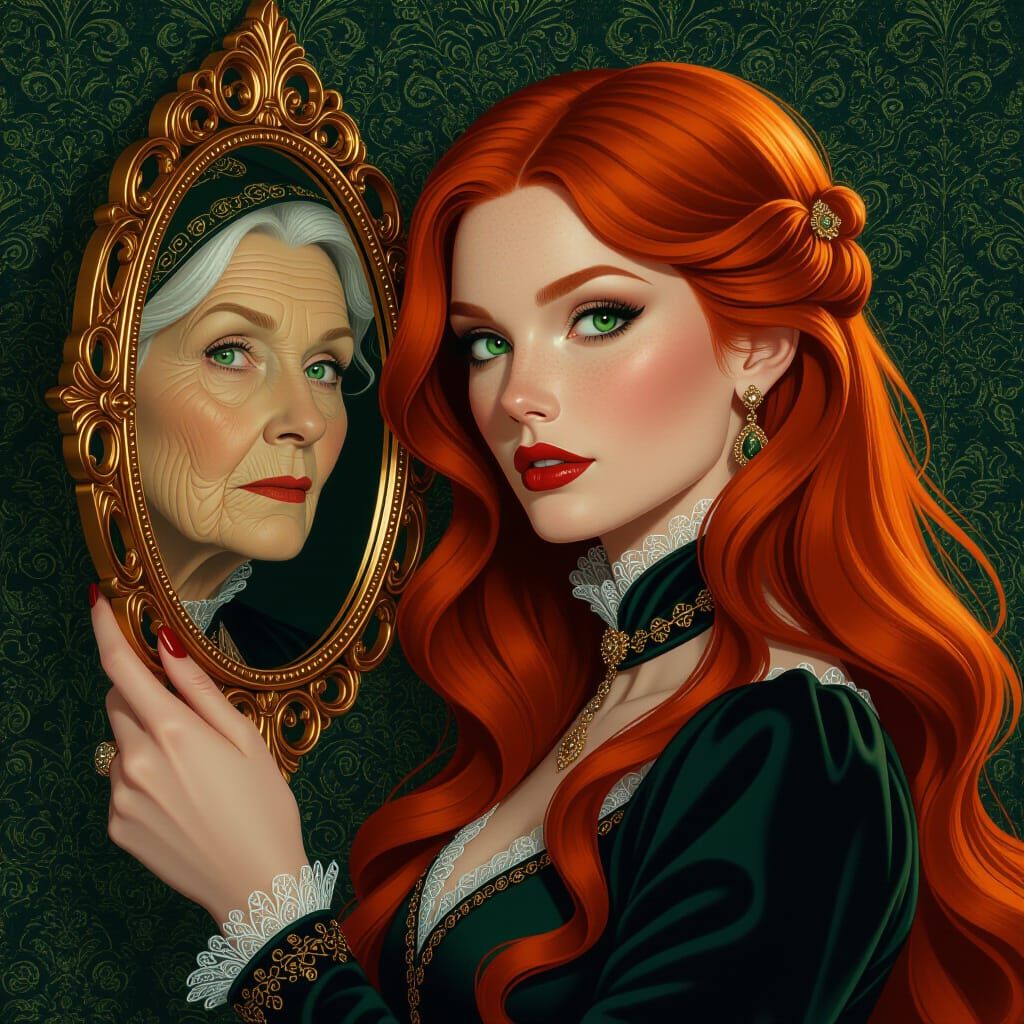 Elegant Woman Gazing into a Mirrored Reflection