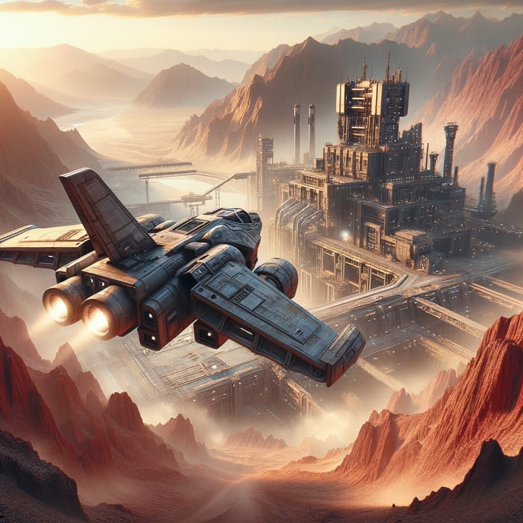 Sci-Fi VTOL Aircraft Approaches Mountain Mining Complex