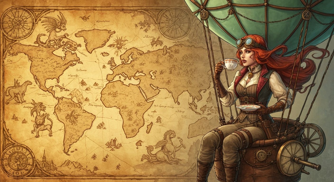 Steampunk Explorer Enjoys Tea Over Ancient Map