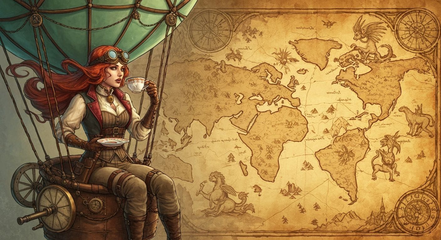 Steampunk Explorer Sips Tea Over Ancient Map