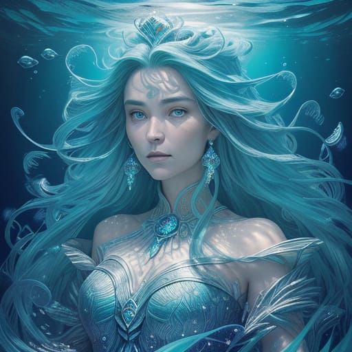 Majestic Underwater Queen in Ethereal Oceanic Scene