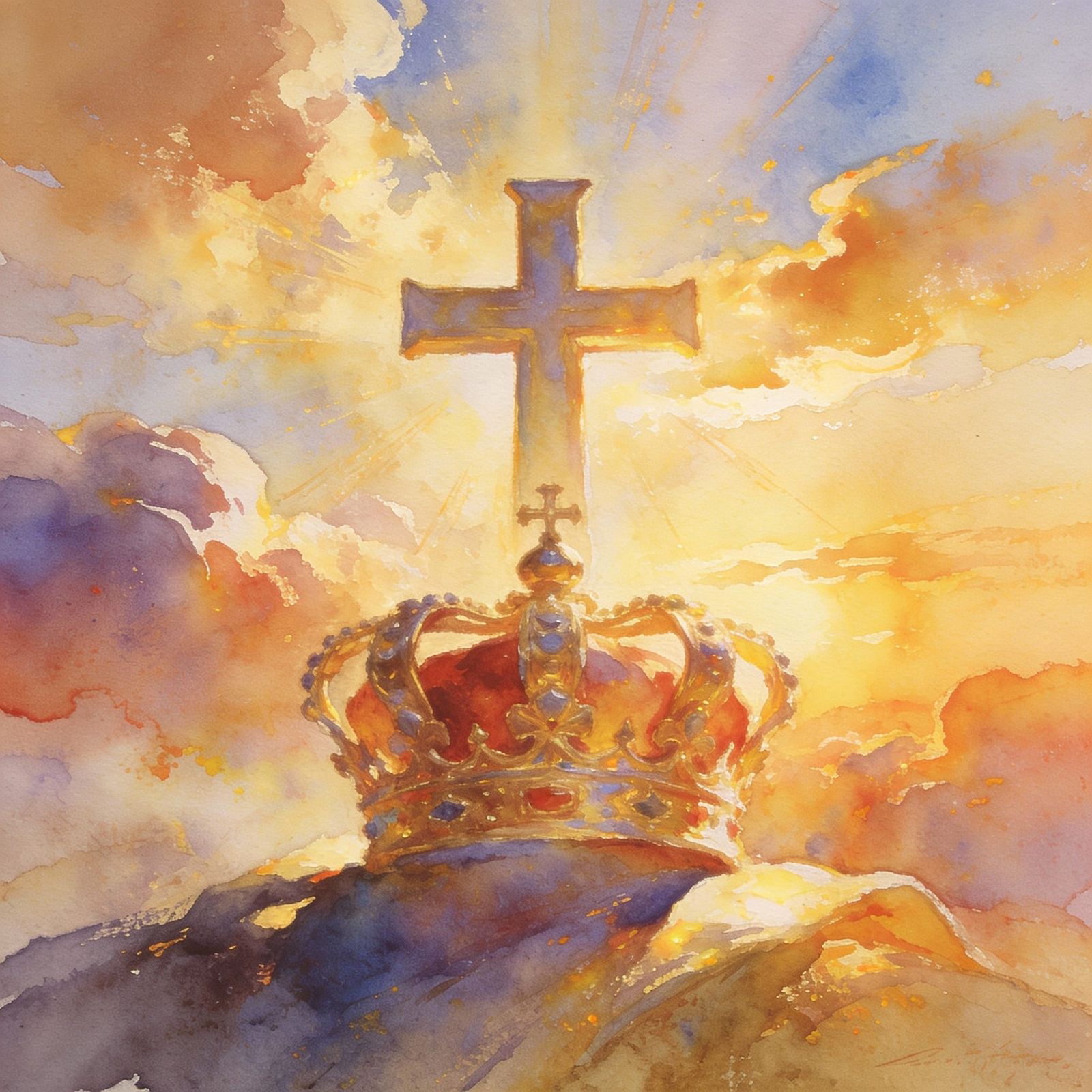 Majestic Cross and Crown in Luminous Watercolor Style