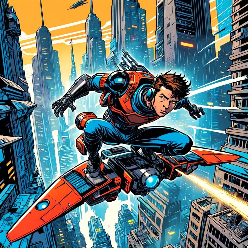 Boy Rides Robot in Retro Comic Book City