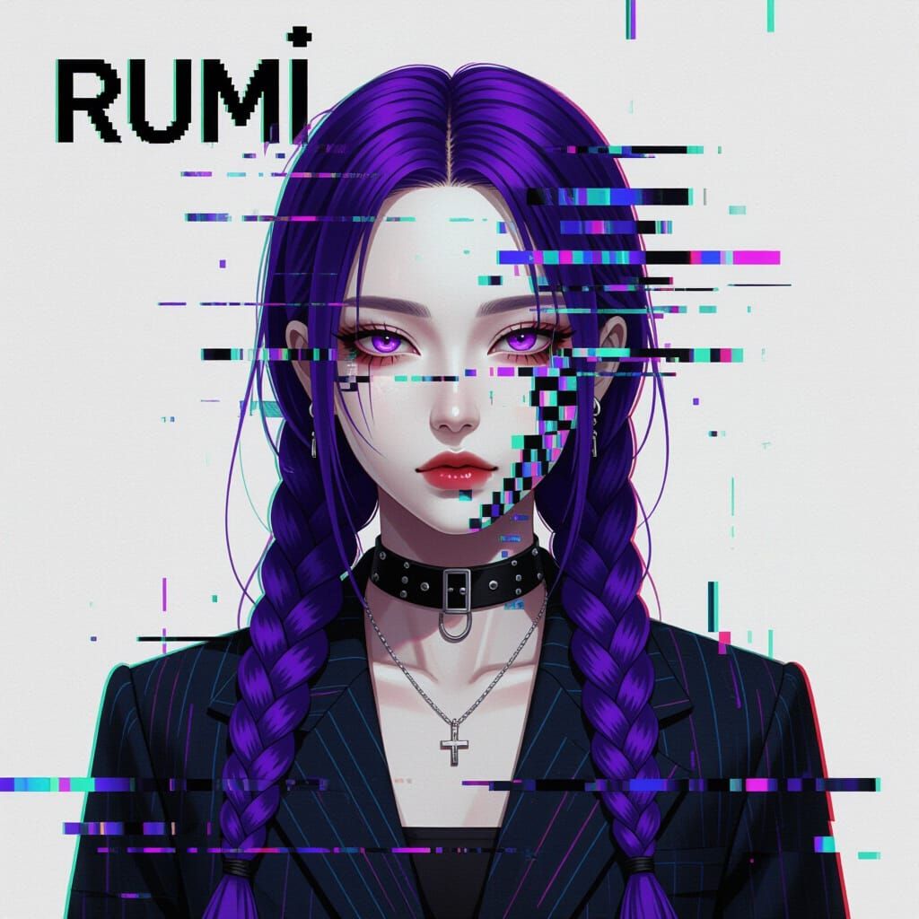 Kpop Idol Demon Hunter Rumi in Glitch Art Style
