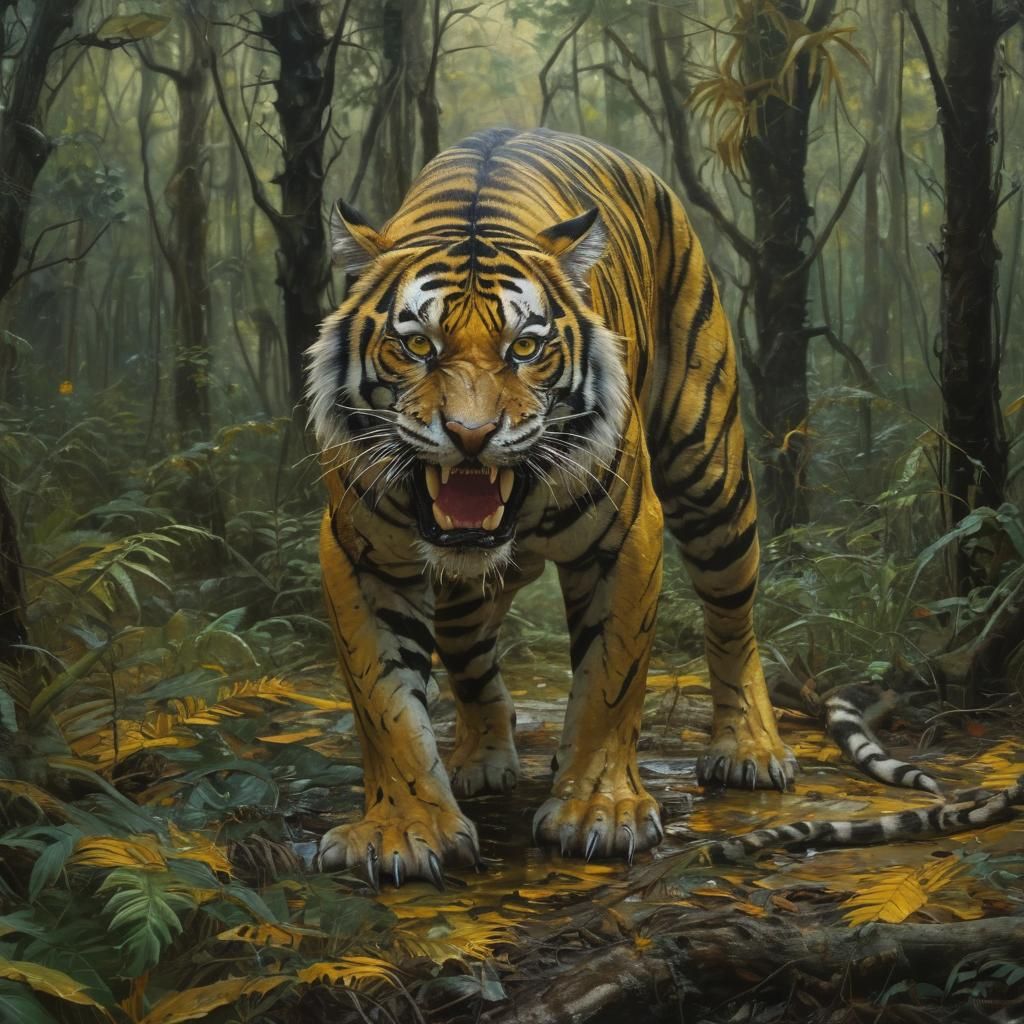 A hyperrealistic photo of a tiger with scaly skin and deadly Komodo dragon venom. The tiger Komodo dragon hybrid has a g...