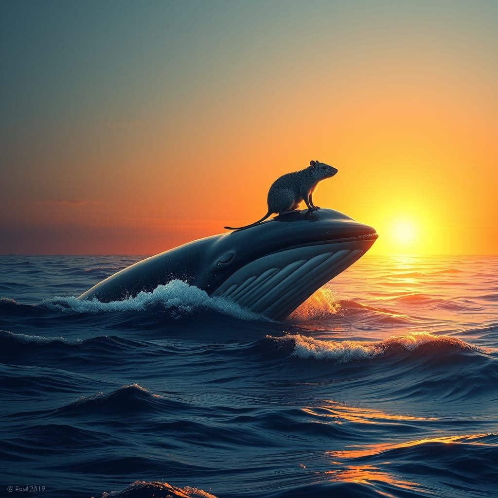 Whale and Shrew Friends at Golden Sunrise