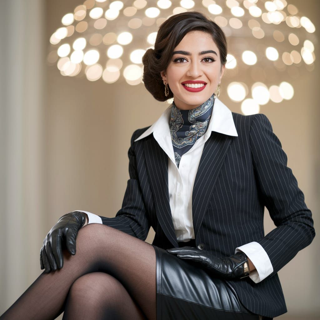 Elegant Iranian Woman in Dark Pinstripe Business Attire