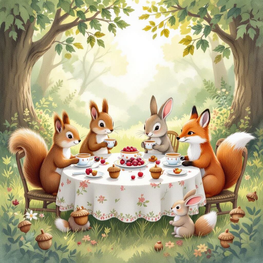 Whimsical Woodland Tea Party in Watercolor Style