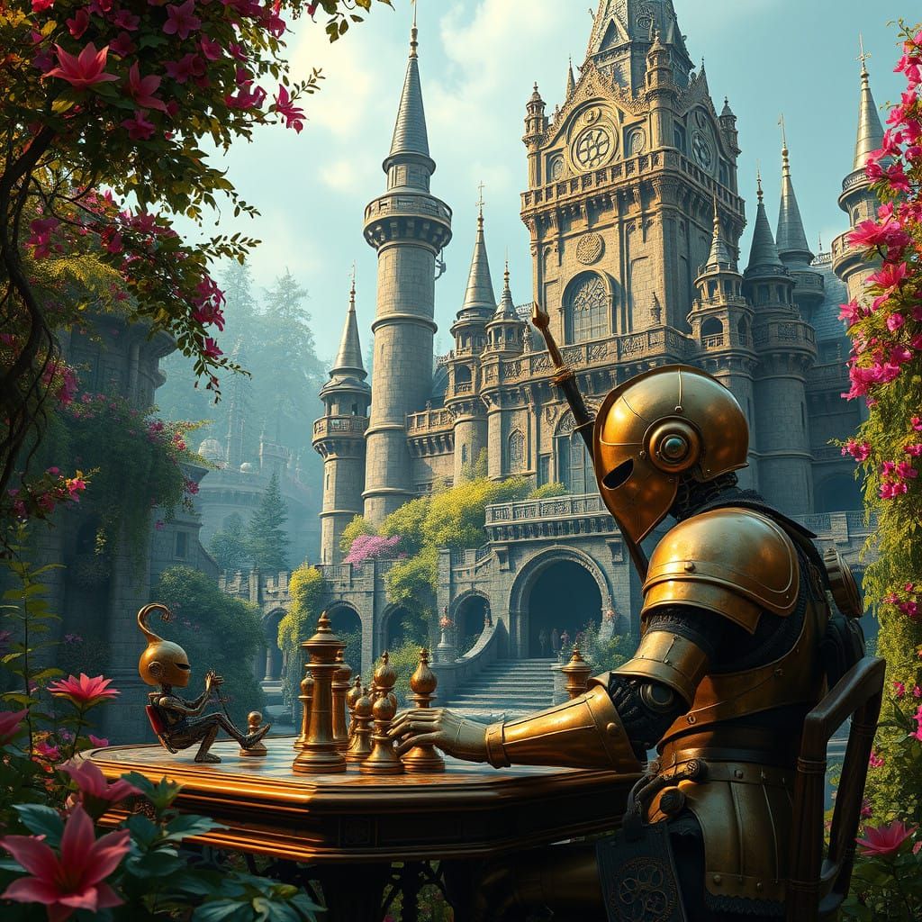 Steampunk Castle in Whimsical Forest, Intricate Mechanical D...