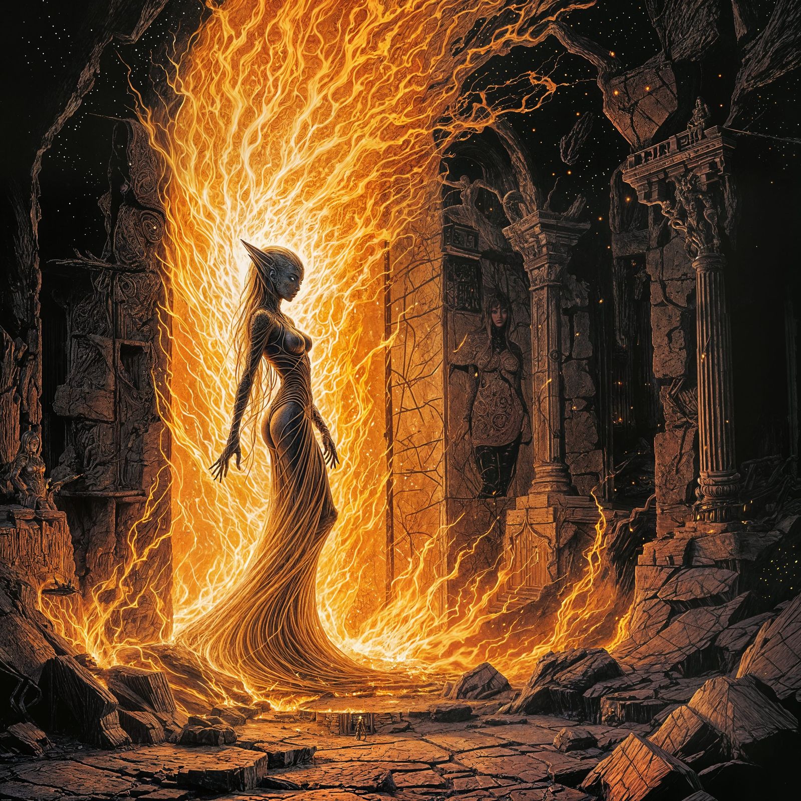 tall beautiful alien woman in stone doorway fire burns ...