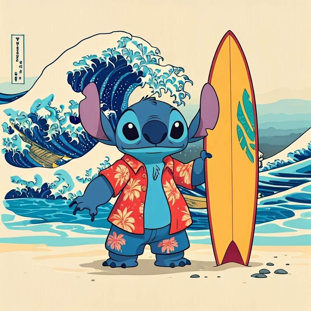Stitch riding the Great Wave