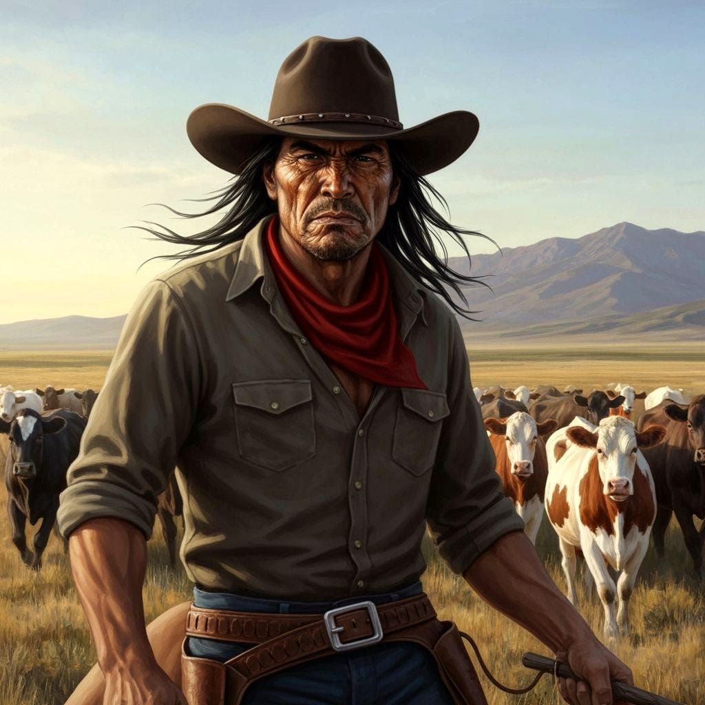 Mexican Centaur Cowboy Herds Cows on Great Plains