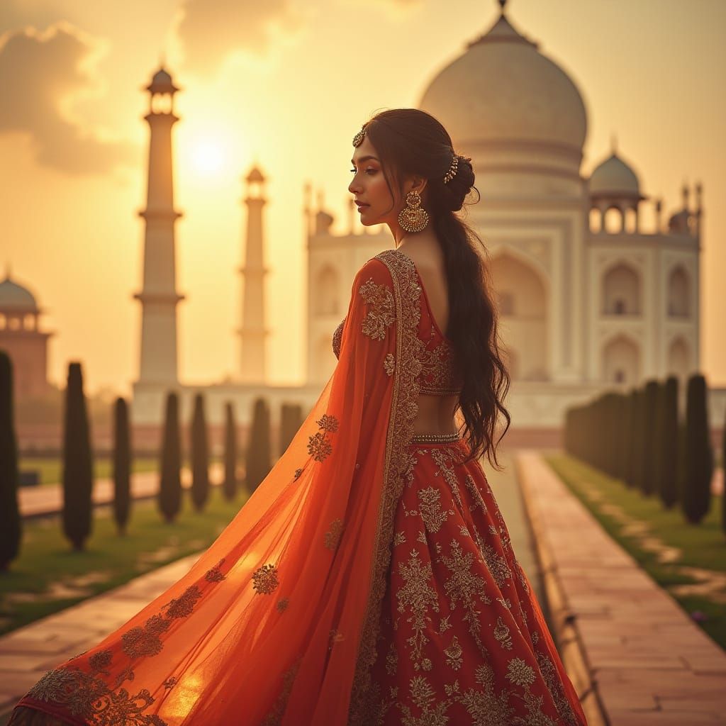 Elegant Indian Woman in Taj Mahal Landscape