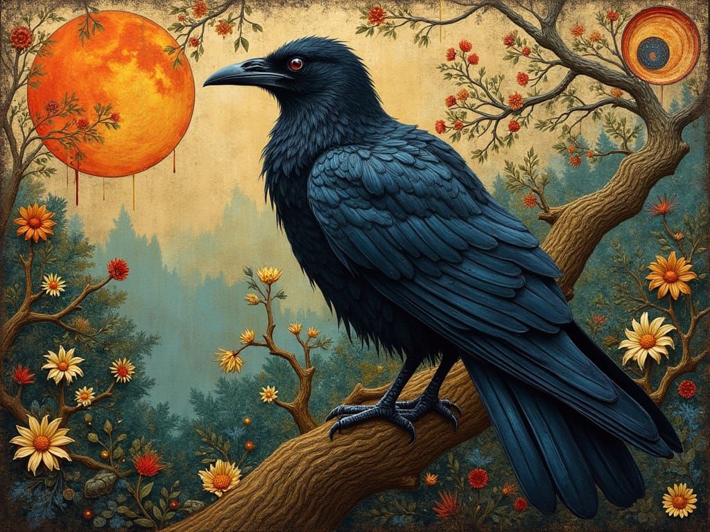 Art Nouveau Crow with Intricately Detailed Feathers