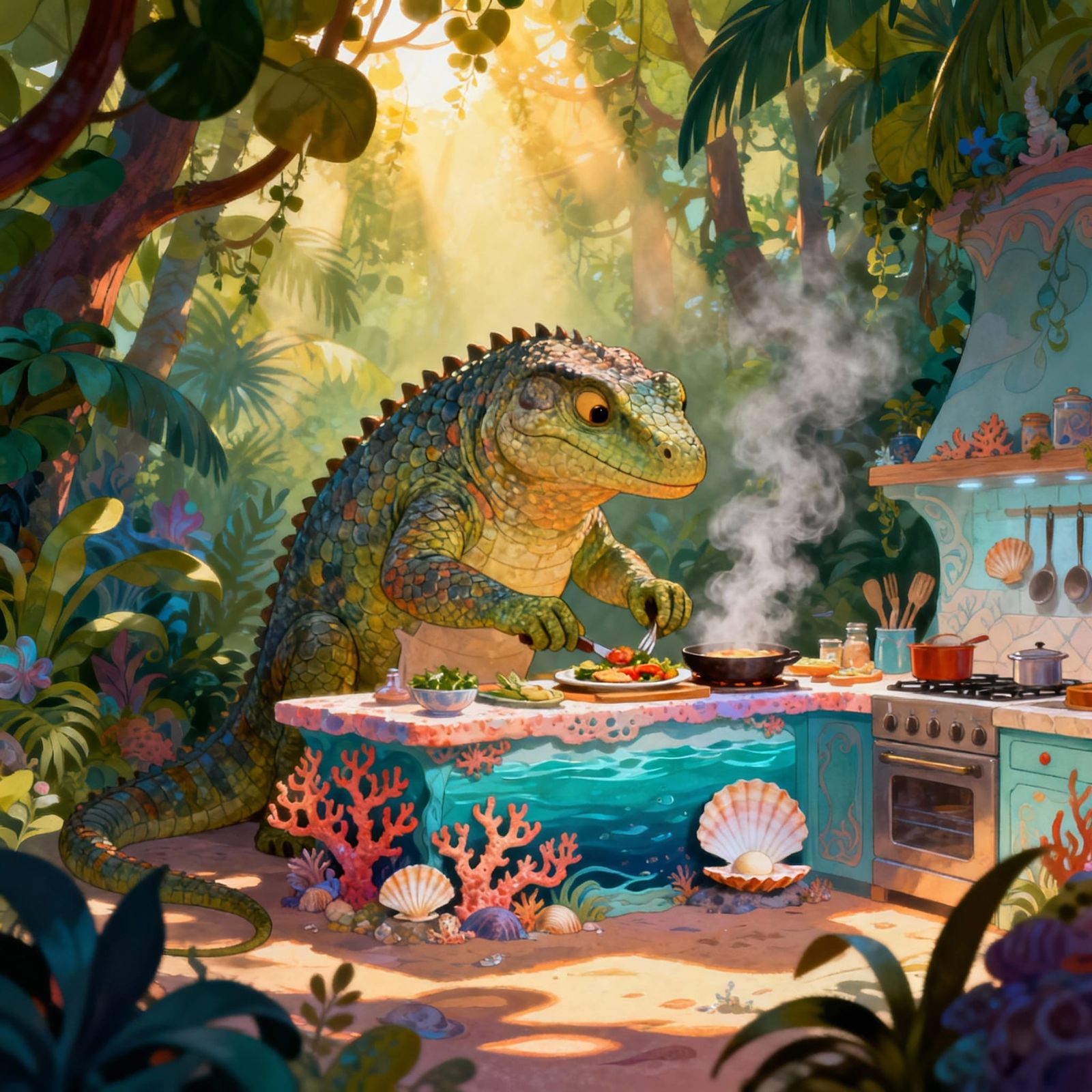 Giant Lizard Cooks Breakfast in Ocean-Themed Jungle Kitchen