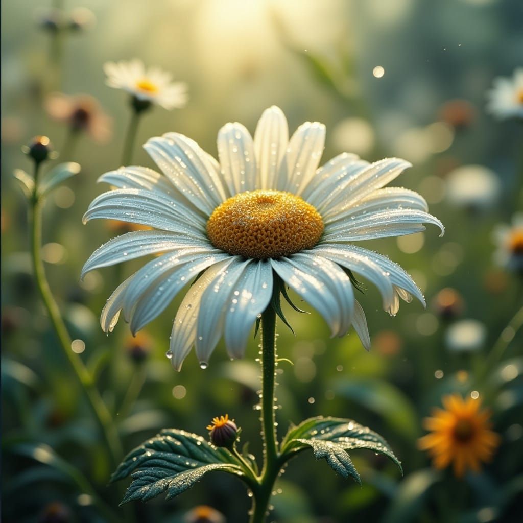 Macro Daisy with Dew Sparkles in Ethereal Meadow