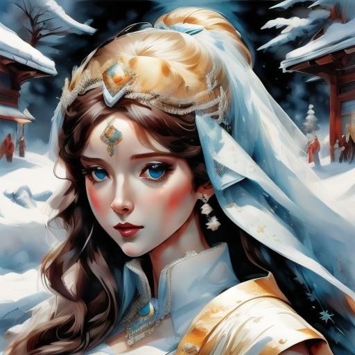 Watercolor Portrait of Kissing Lovers in Biblical Style