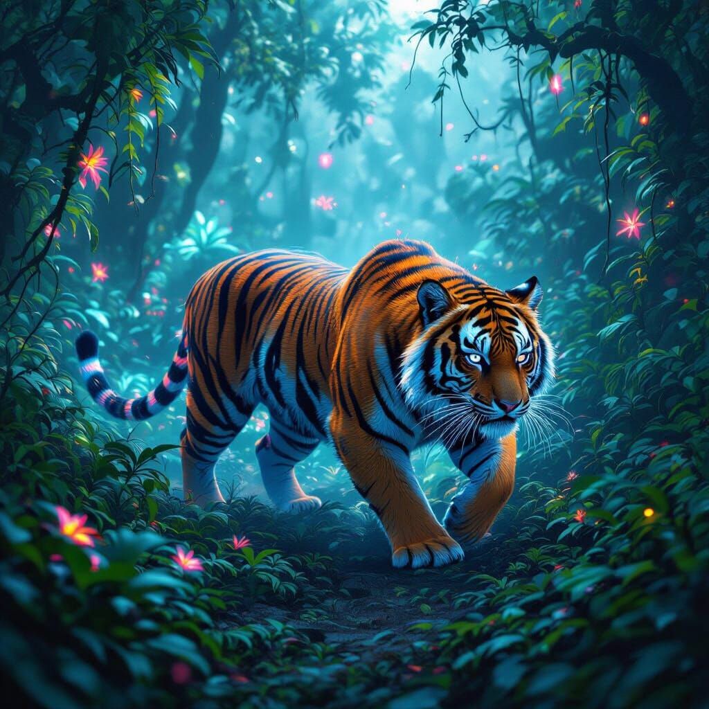Neon Tiger Prowls Bioluminescent Jungle, Futuristic Art