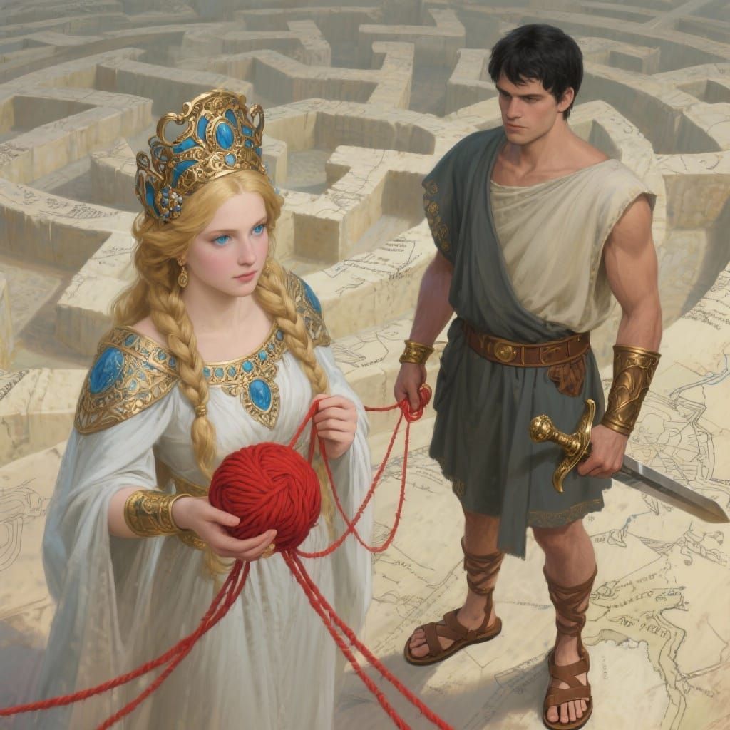 Ancient Greek Princess and Hero with Maze Map