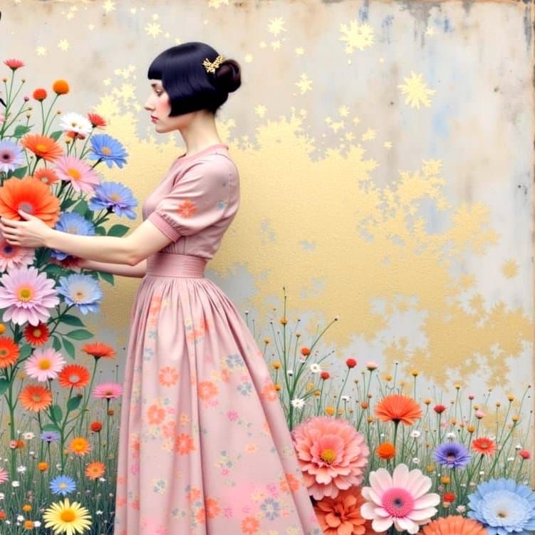 Floral Woman in Klimt Style with Gold Accents