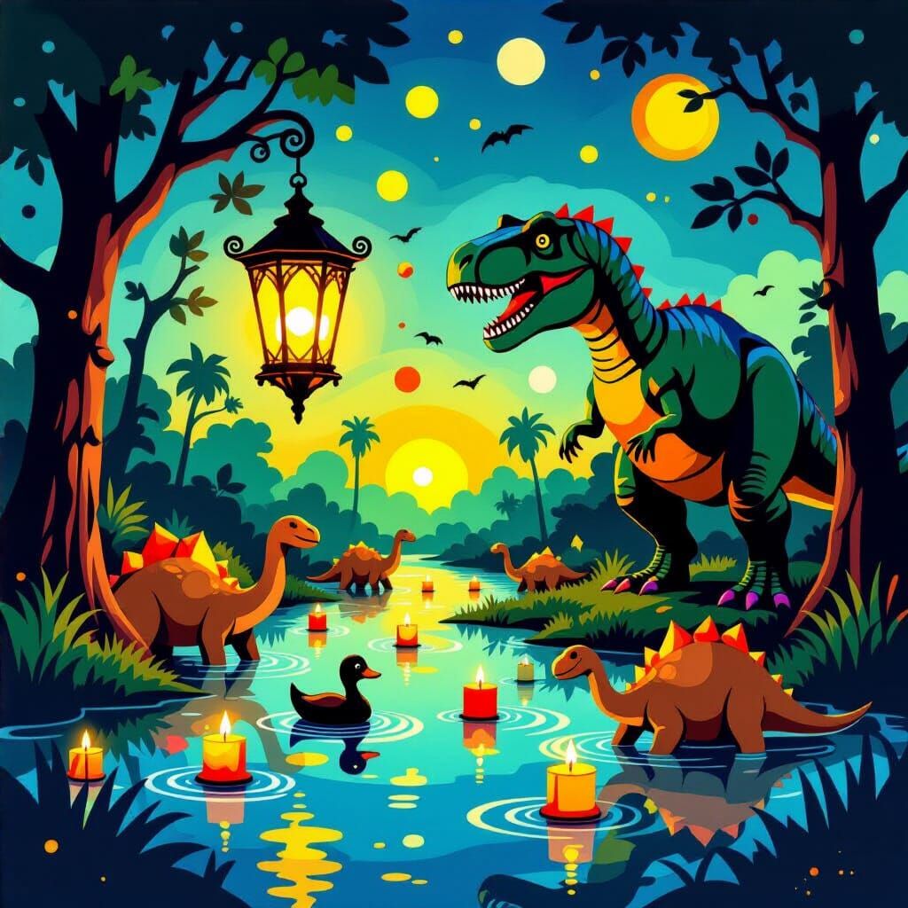 Cartoon Dinosaurs Illuminated by Lanterns in Surreal Sky