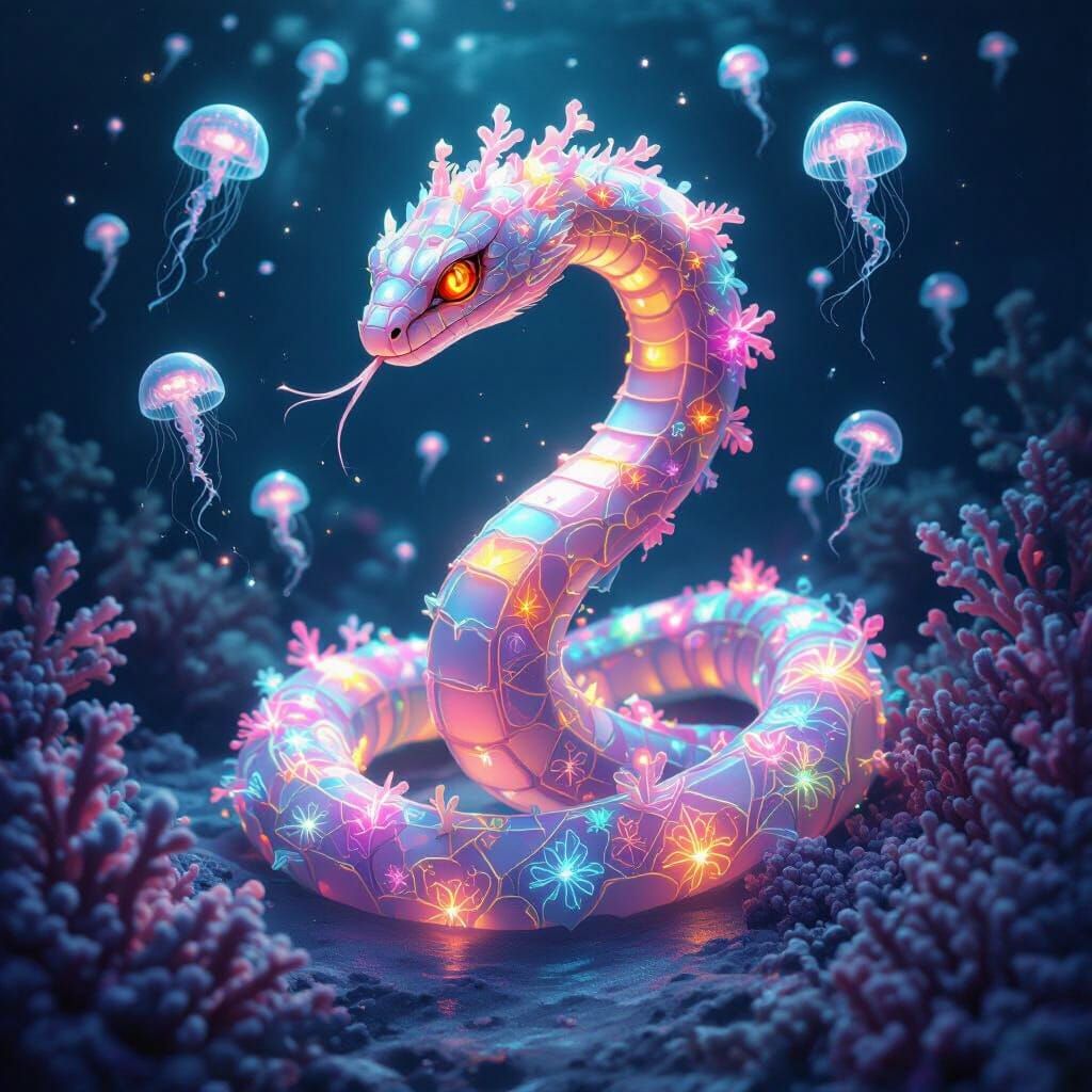 Neon Crystal Serpent with Glowing Coral Blooms