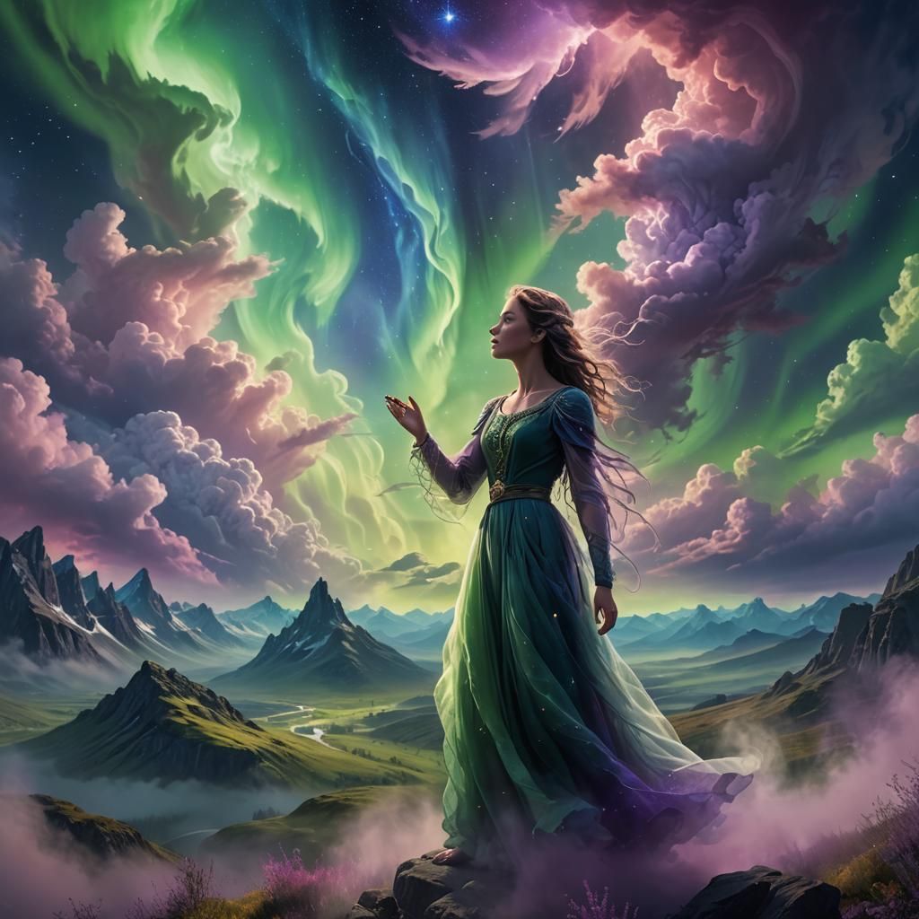 Mystical Singer in Dreamlike Aurora Landscape