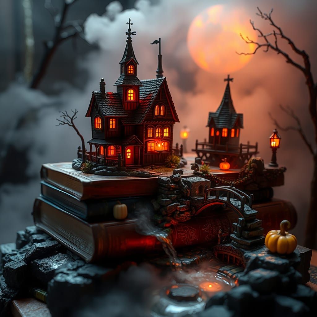 Whimsical Halloween Diorama in Arthur Rackham Style