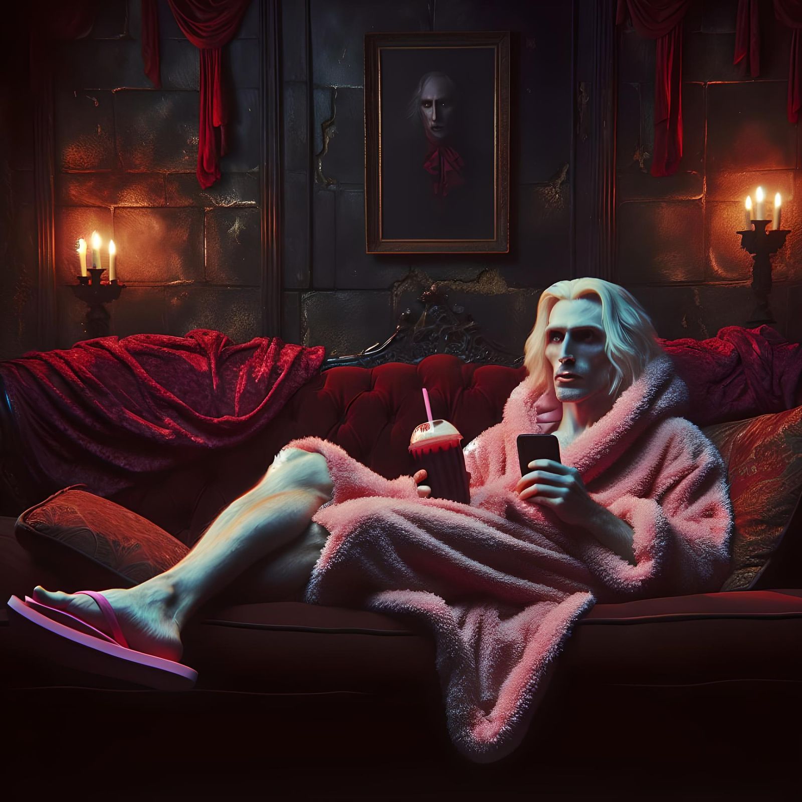 Vampire Lounging in Pink Bathrobe, Dark Fantasy Illustration