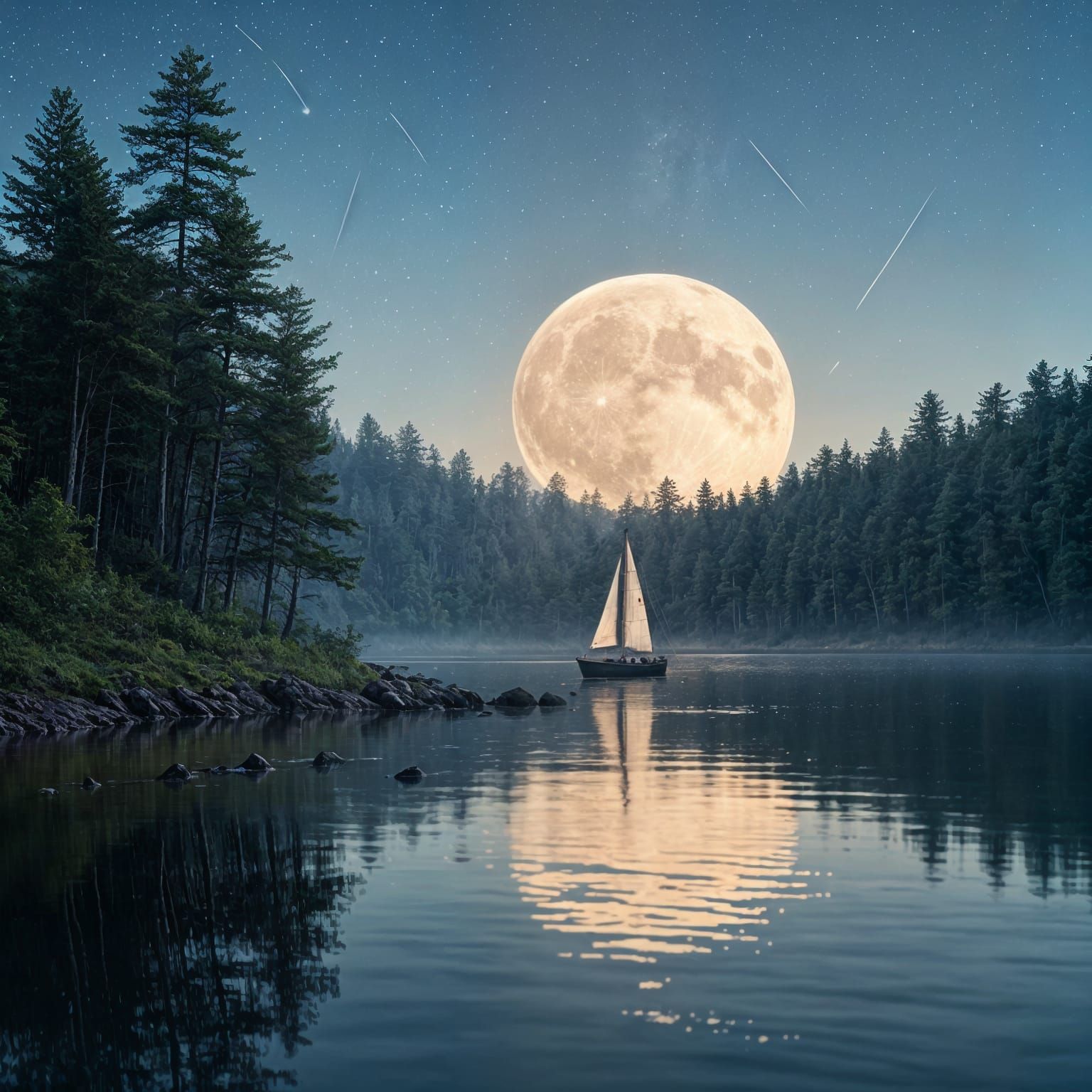 Sailboat at Night Under the Milky Way as Gouache