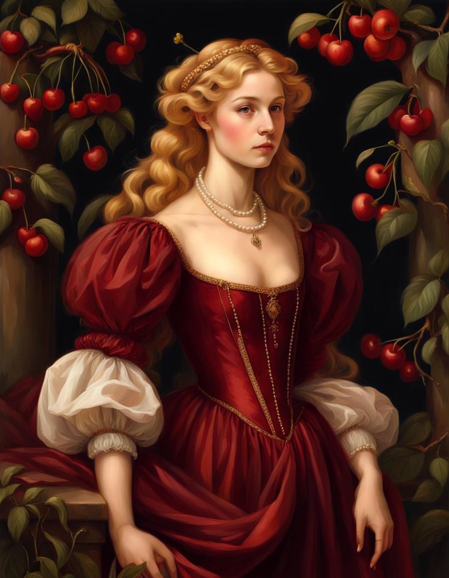 Renaissance Girl in Red Gown in Cherry Garden