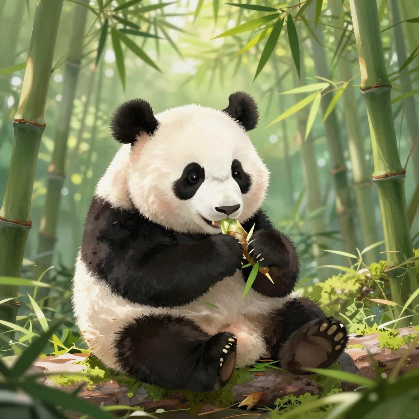 Cute Baby Panda Eating Bamboo in Forest