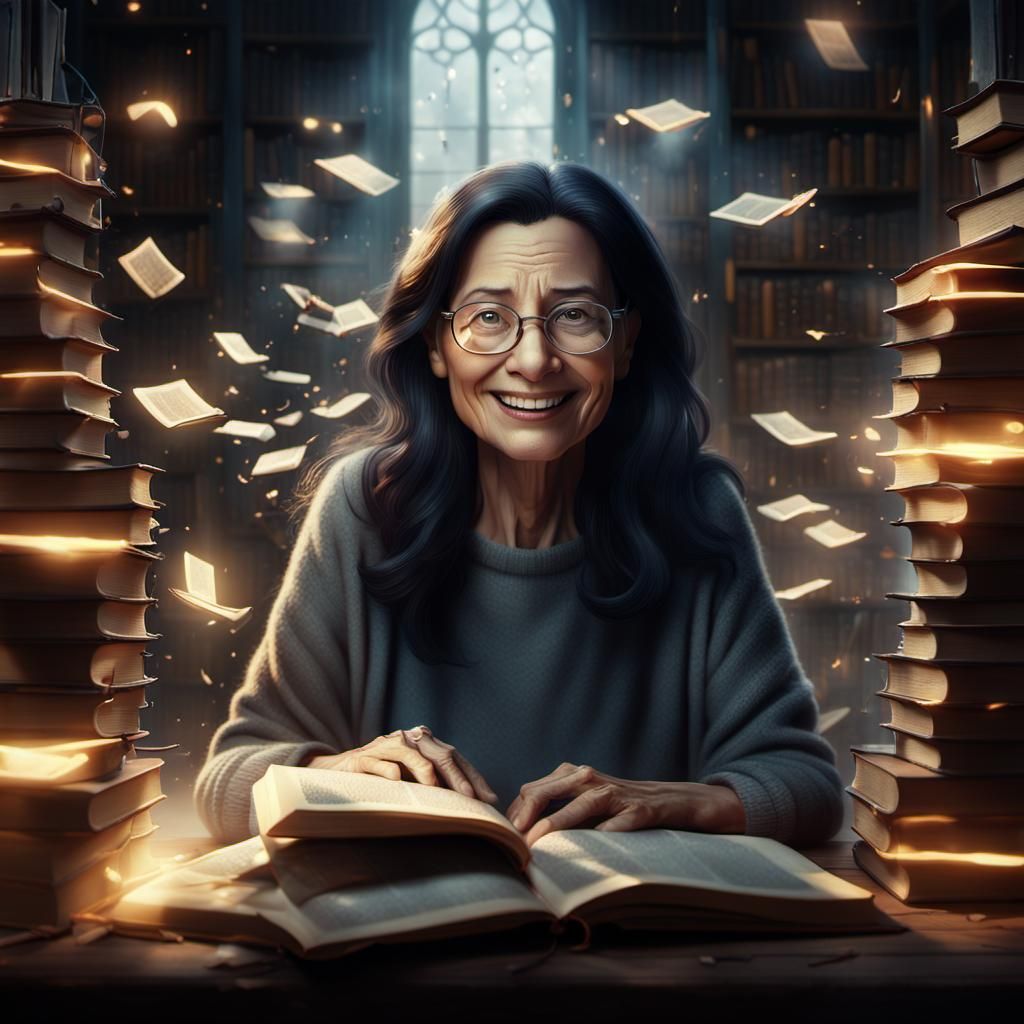 Enchanting Woman Surrounded by Books in Digital Art