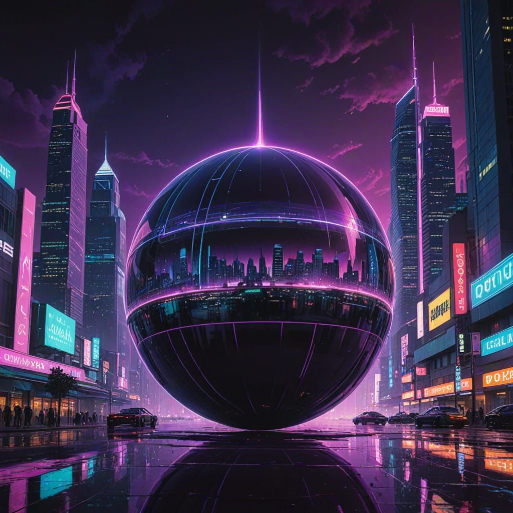 Neon-Crusted 4D Sphere in Retro-Futuristic Atmosphere