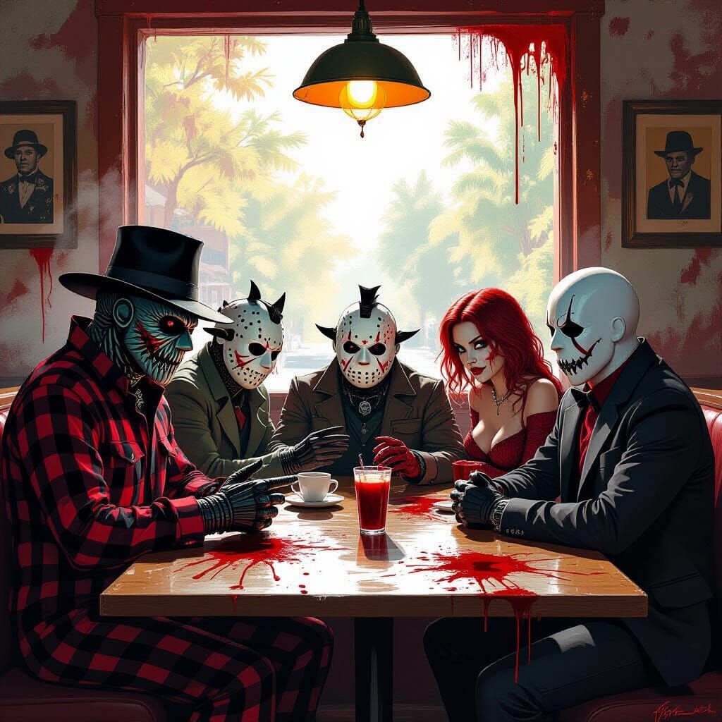 Horror Icons in Bloody Cafe, Dark Fantasy Art