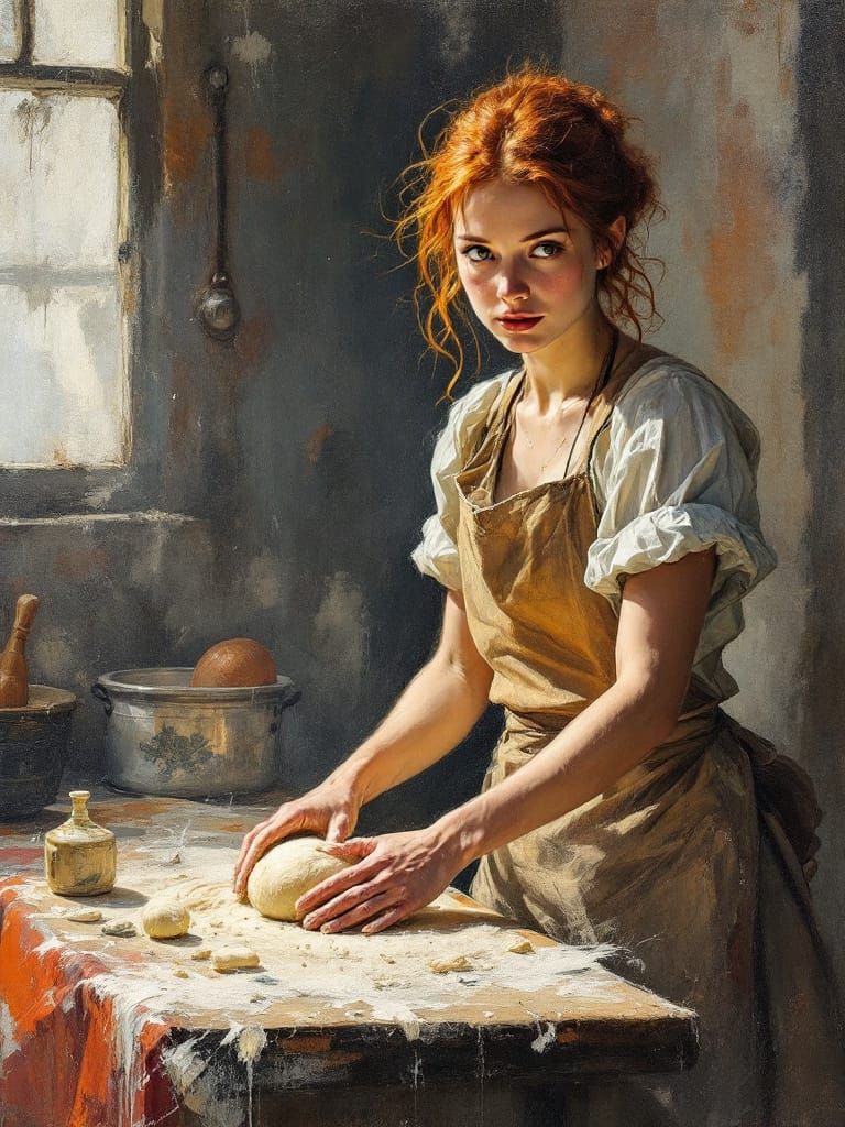 Redhead Baker Kneading Dough in Bustling Kitchen