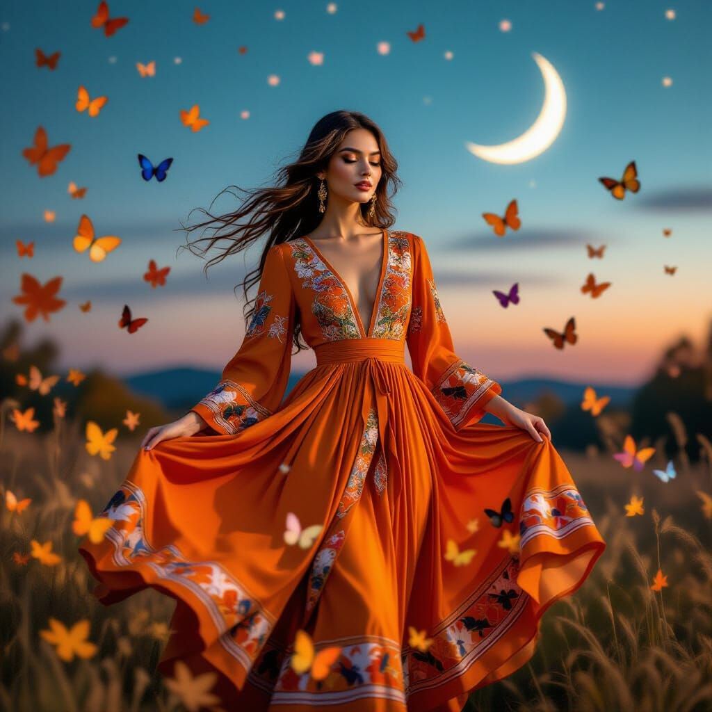 A young woman stands gracefully in a vibrant orange dress wi...