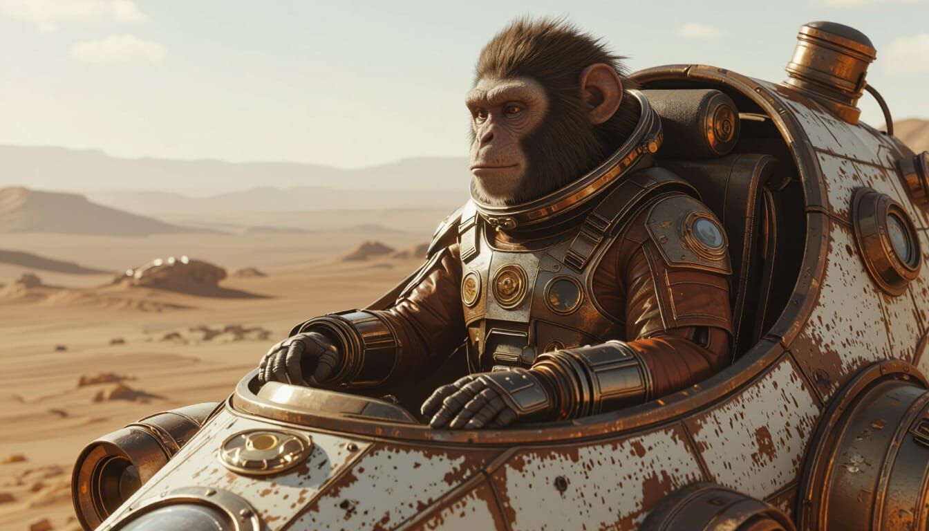 Steampunk Rover with Monkey Astronaut: Hyperrealism