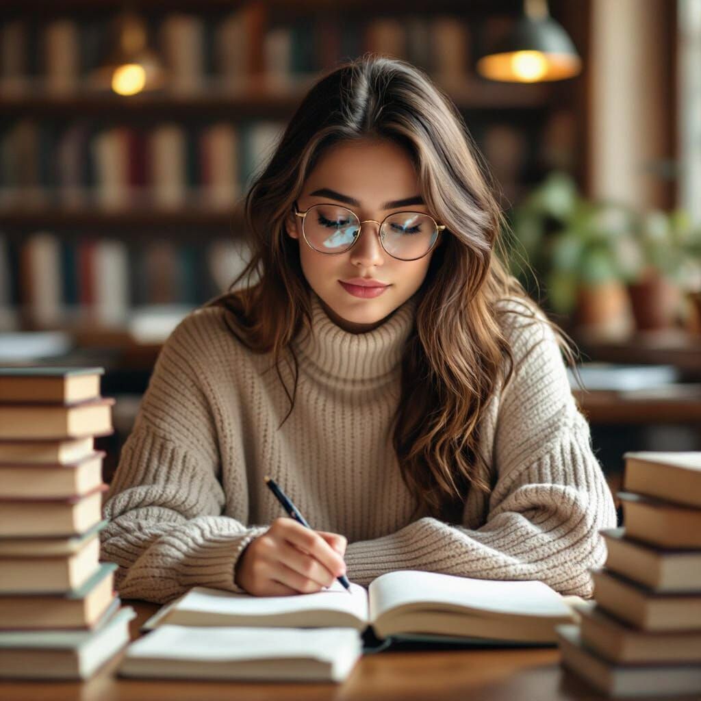 Cozy Library Study Scene in Soft Natural Light