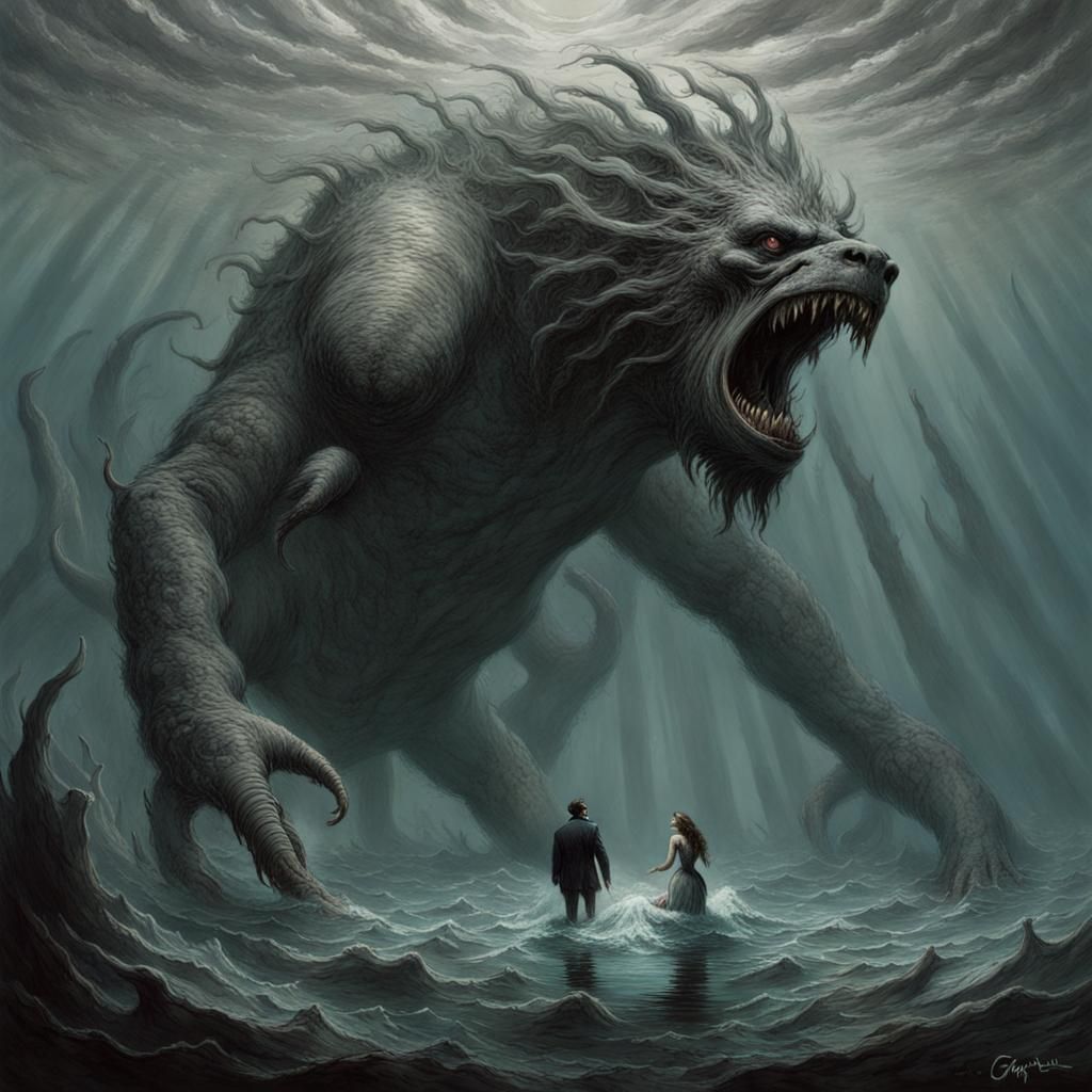 Enormous Underwater Beast in Dramatic Horror Style