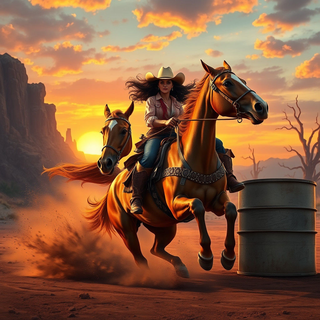 Cowgirl on Horseback Racing to Barrel in Matte Painting Styl...