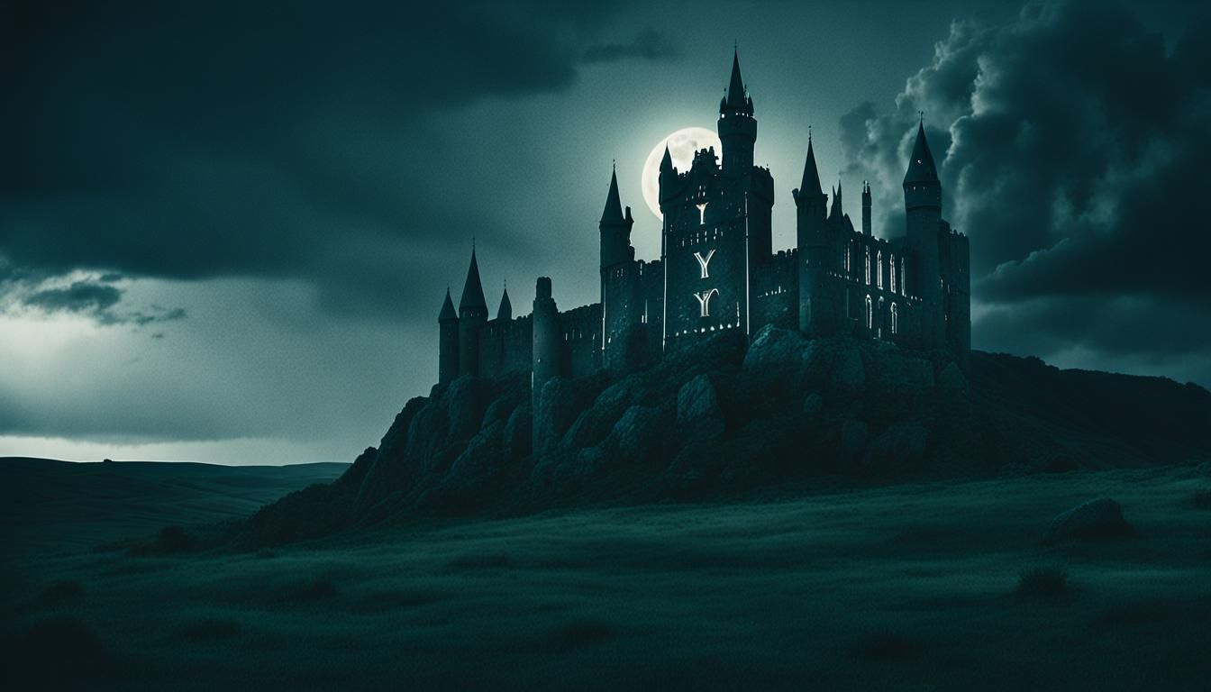Gloomy Gothic Castle Under Moonlight, Cinematic Still